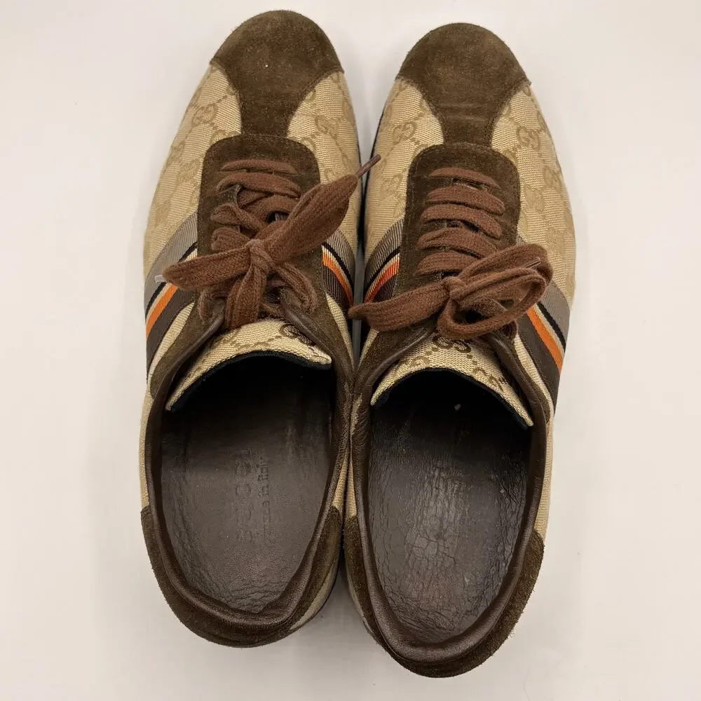 GUCCI GG Monogram Canvas Brown Suede Orange Web Lace Sneakers Sz 9G 9.5 US $995